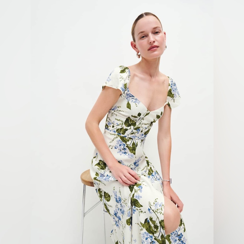 Reformation White Midi Dress with Blue Floral and Green Leaf Print